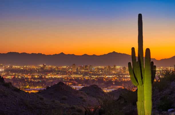 Phoenix skyline with mountains at sunset